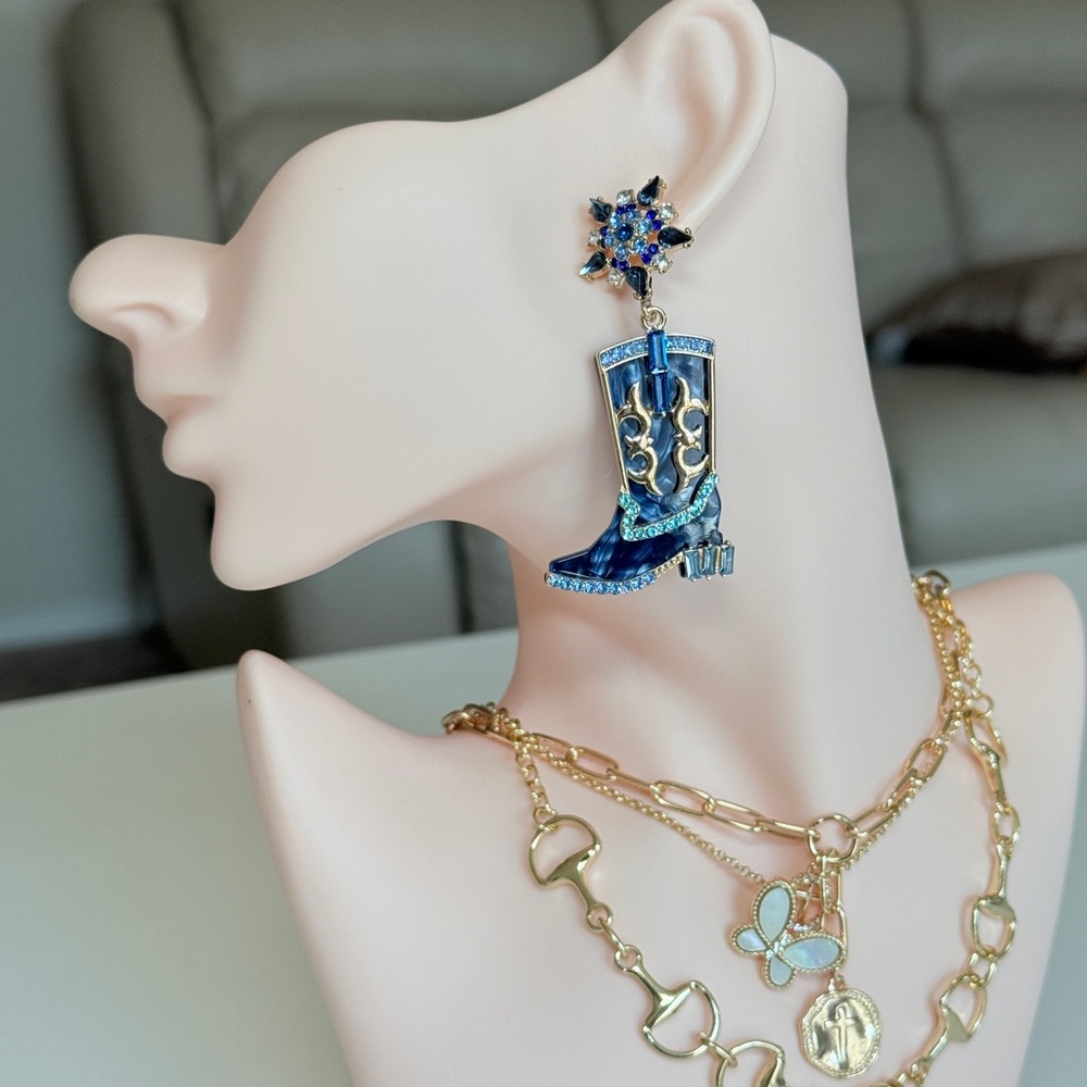 Blue Cowboy Boot Dangle Earrings